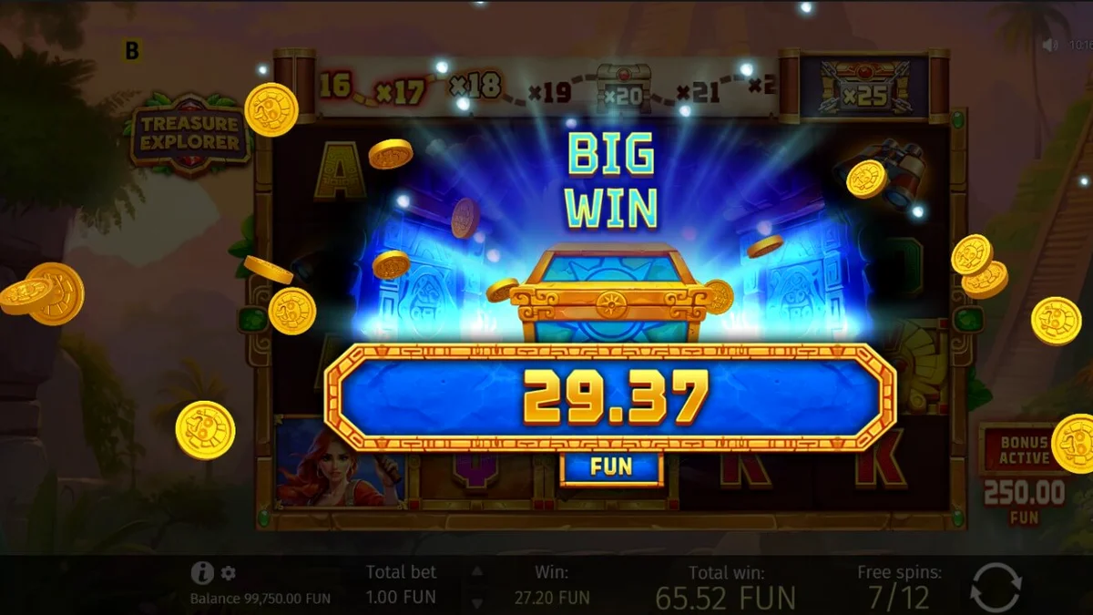 Tampilan visual slot Treasure Explorer dengan tema petualangan hutan dan reruntuhan Aztec.